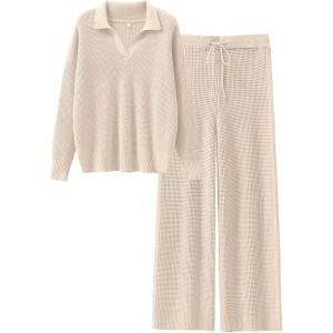 imageANRABESS Women Two Piece Outfits Sweater Sets Lounge Waffle Knit Pullover Matching Wide Leg Pants Tracksuit 2025 Fall FashionApricot