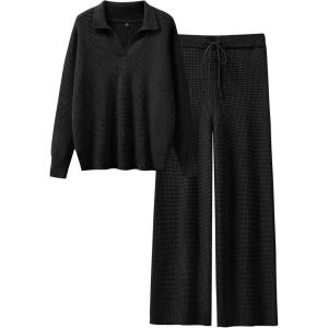 imageANRABESS Women Two Piece Outfits Sweater Sets Lounge Waffle Knit Pullover Matching Wide Leg Pants Tracksuit 2025 Fall FashionBlack