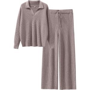 imageANRABESS Women Two Piece Outfits Sweater Sets Lounge Waffle Knit Pullover Matching Wide Leg Pants Tracksuit 2025 Fall FashionCamel