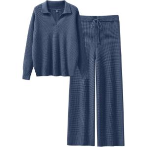 imageANRABESS Women Two Piece Outfits Sweater Sets Lounge Waffle Knit Pullover Matching Wide Leg Pants Tracksuit 2025 Fall FashionDeep Blue
