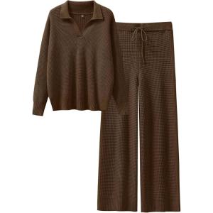 imageANRABESS Women Two Piece Outfits Sweater Sets Lounge Waffle Knit Pullover Matching Wide Leg Pants Tracksuit 2025 Fall FashionDeep Brown