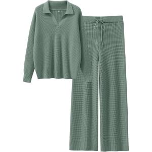 imageANRABESS Women Two Piece Outfits Sweater Sets Lounge Waffle Knit Pullover Matching Wide Leg Pants Tracksuit 2025 Fall FashionGreen