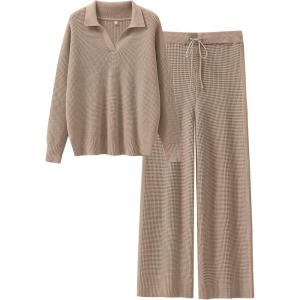 imageANRABESS Women Two Piece Outfits Sweater Sets Lounge Waffle Knit Pullover Matching Wide Leg Pants Tracksuit 2025 Fall FashionKhaki