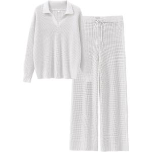 imageANRABESS Women Two Piece Outfits Sweater Sets Lounge Waffle Knit Pullover Matching Wide Leg Pants Tracksuit 2025 Fall FashionWhite