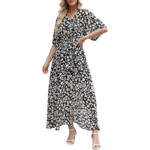 imageANRABESS Womens 12 Sleeve Beach Wedding Guest Maxi Dresses 2025 Fall Wrap V Neck Boho Floral Flowy Slit Long Summer DressesFloral Black White