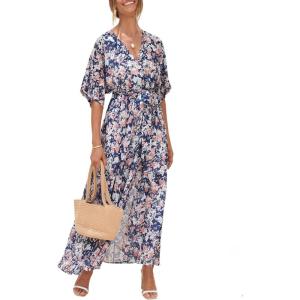 imageANRABESS Womens 12 Sleeve Beach Wedding Guest Maxi Dresses 2025 Fall Wrap V Neck Boho Floral Flowy Slit Long Summer DressesFloral Blue White
