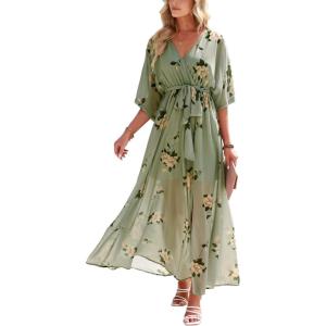 imageANRABESS Womens 12 Sleeve Beach Wedding Guest Maxi Dresses 2025 Fall Wrap V Neck Boho Floral Flowy Slit Long Summer DressesFloral Green