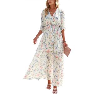 imageANRABESS Womens 12 Sleeve Beach Wedding Guest Maxi Dresses 2025 Fall Wrap V Neck Boho Floral Flowy Slit Long Summer DressesFloral Pink Blue