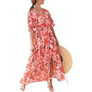 imageANRABESS Womens 12 Sleeve Beach Wedding Guest Maxi Dresses 2025 Fall Wrap V Neck Boho Floral Flowy Slit Long Summer DressesFloral Red Pink