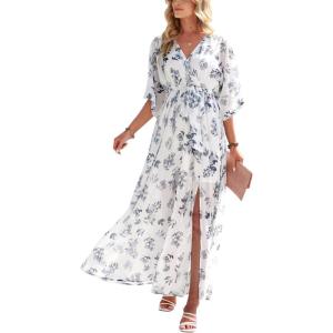 imageANRABESS Womens 12 Sleeve Beach Wedding Guest Maxi Dresses 2025 Fall Wrap V Neck Boho Floral Flowy Slit Long Summer DressesFloral White Teal