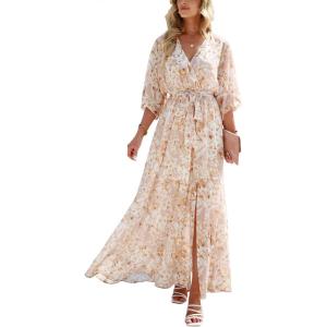 imageANRABESS Womens 12 Sleeve Beach Wedding Guest Maxi Dresses 2025 Fall Wrap V Neck Boho Floral Flowy Slit Long Summer DressesFloral Yellow White