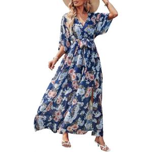 imageANRABESS Womens 12 Sleeve Beach Wedding Guest Maxi Dresses 2025 Fall Wrap V Neck Boho Floral Flowy Slit Long Summer DressesNavy Flor
