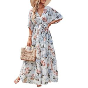 imageANRABESS Womens 12 Sleeve Beach Wedding Guest Maxi Dresses 2025 Fall Wrap V Neck Boho Floral Flowy Slit Long Summer DressesWhite Flor