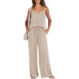 imageANRABESS Womens 2 Piece Linen Lounge Set Casual Matching Pants Jumpsuit Summer Beach Travel Vacation Trendy Outfits Apricot Small