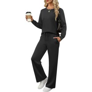 imageANRABESS Womens 2 Piece Lounge Sets Casual Travel Outfits Wide Leg Tracksuit Sweatsuits Matching Set 2025 Fall ClothesBlack