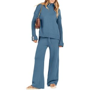 imageANRABESS Womens 2 Piece Outfit Sweater Lounge Sets Long Sleeve Knit Pullover Wide Leg Pant Tracksuit Loungewear 2025 FashionBlue