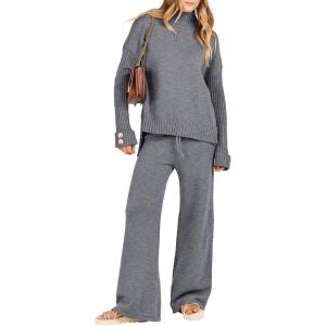 imageANRABESS Womens 2 Piece Outfit Sweater Lounge Sets Long Sleeve Knit Pullover Wide Leg Pant Tracksuit Loungewear 2025 FashionDark Grey