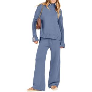 imageANRABESS Womens 2 Piece Outfit Sweater Lounge Sets Long Sleeve Knit Pullover Wide Leg Pant Tracksuit Loungewear 2025 FashionDeep Blue