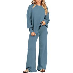 imageANRABESS Womens 2 Piece Outfits Fall Lounge Set 2025 Oversized Chunky Knit Sweater Top Wide Leg Pants Loungewear ClothesBlue