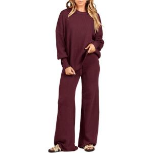 imageANRABESS Womens 2 Piece Outfits Fall Lounge Set 2025 Oversized Chunky Knit Sweater Top Wide Leg Pants Loungewear ClothesBurgundy