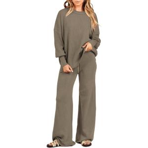 imageANRABESS Womens 2 Piece Outfits Fall Lounge Set 2025 Oversized Chunky Knit Sweater Top Wide Leg Pants Loungewear ClothesDeep Apricot