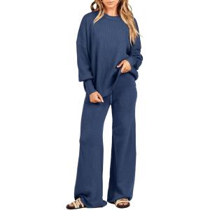 imageANRABESS Womens 2 Piece Outfits Fall Lounge Set 2025 Oversized Chunky Knit Sweater Top Wide Leg Pants Loungewear ClothesDusty Blue