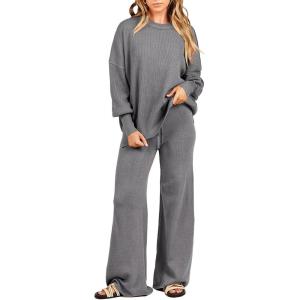 imageANRABESS Womens 2 Piece Outfits Fall Lounge Set 2025 Oversized Chunky Knit Sweater Top Wide Leg Pants Loungewear ClothesGray