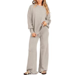 imageANRABESS Womens 2 Piece Outfits Fall Lounge Set 2025 Oversized Chunky Knit Sweater Top Wide Leg Pants Loungewear ClothesLight Grey