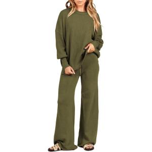 imageANRABESS Womens 2 Piece Outfits Fall Lounge Set 2025 Oversized Chunky Knit Sweater Top Wide Leg Pants Loungewear ClothesOlive