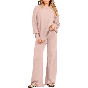imageANRABESS Womens 2 Piece Outfits Fall Lounge Set 2025 Oversized Chunky Knit Sweater Top Wide Leg Pants Loungewear ClothesPink