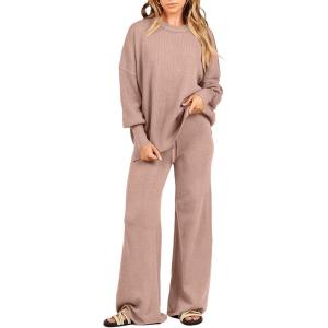 imageANRABESS Womens 2 Piece Outfits Fall Lounge Set 2025 Oversized Chunky Knit Sweater Top Wide Leg Pants Loungewear ClothesPink Apricot