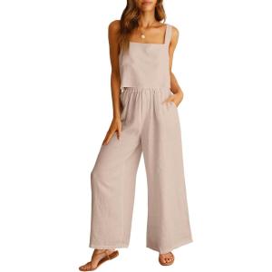 imageANRABESS Womens 2 Piece Outfits Linen Pants Jumpsuit Matching Lounge Set Casual Summer Beach Vacation Trendy ClothesApricot