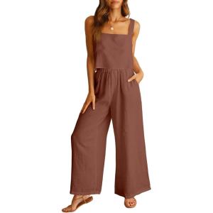 imageANRABESS Womens 2 Piece Outfits Linen Pants Jumpsuit Matching Lounge Set Casual Summer Beach Vacation Trendy ClothesBrown