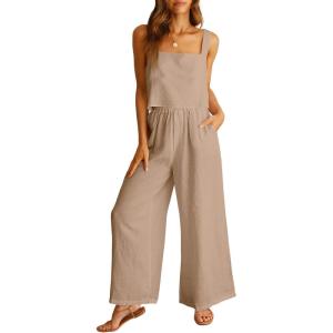 imageANRABESS Womens 2 Piece Outfits Linen Pants Jumpsuit Matching Lounge Set Casual Summer Beach Vacation Trendy ClothesKhaki