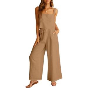 imageANRABESS Womens 2 Piece Outfits Linen Pants Jumpsuit Matching Lounge Set Casual Summer Beach Vacation Trendy ClothesLight Brown