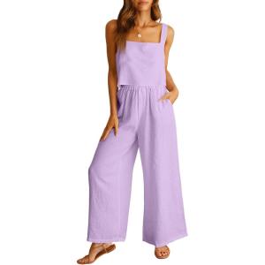 imageANRABESS Womens 2 Piece Outfits Linen Pants Jumpsuit Matching Lounge Set Casual Summer Beach Vacation Trendy ClothesPurple