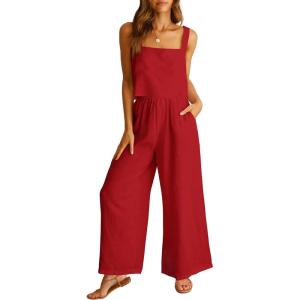 imageANRABESS Womens 2 Piece Outfits Linen Pants Jumpsuit Matching Lounge Set Casual Summer Beach Vacation Trendy ClothesRed