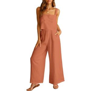 imageANRABESS Womens 2 Piece Outfits Linen Pants Jumpsuit Matching Lounge Set Casual Summer Beach Vacation Trendy ClothesRust