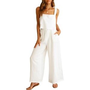 imageANRABESS Womens 2 Piece Outfits Linen Pants Jumpsuit Matching Lounge Set Casual Summer Beach Vacation Trendy ClothesWhite