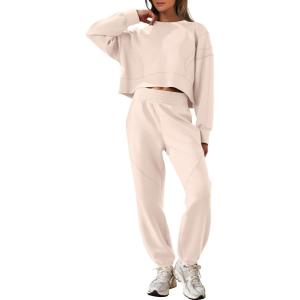 imageANRABESS Womens 2 Piece Outfits Lounge Sets Cropped Sweatshirt ampamp Joggers Fashion Sweatsuit Sweat Set 2025 Fall Travel OutfitsApricot