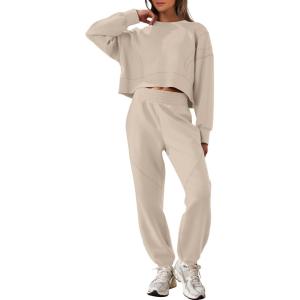imageANRABESS Womens 2 Piece Outfits Lounge Sets Cropped Sweatshirt ampamp Joggers Fashion Sweatsuit Sweat Set 2025 Fall Travel OutfitsLighter Khaki