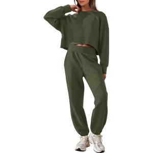 imageANRABESS Womens 2 Piece Outfits Lounge Sets Cropped Sweatshirt ampamp Joggers Fashion Sweatsuit Sweat Set 2025 Fall Travel OutfitsOlive