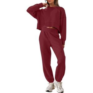 imageANRABESS Womens 2 Piece Outfits Lounge Sets Cropped Sweatshirt ampamp Joggers Fashion Sweatsuit Sweat Set 2025 Fall Travel OutfitsWine Red