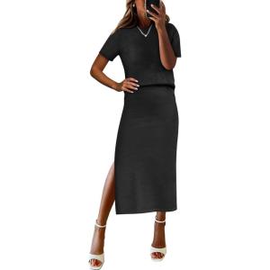 imageANRABESS Womens 2 Piece Outfits Striped Sweater Skirt Sets 2025 Summer Casual Short Sleeve Pullover Tops Travel Midi DressBlack
