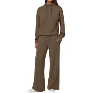imageANRABESS Womens 2 Piece Outfits Sweatsuit Set 2025 Fall Drawstring Sweatshirt Wide Leg Sweatpant Lounge Set TracksuitBrown