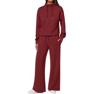 imageANRABESS Womens 2 Piece Outfits Sweatsuit Set 2025 Fall Drawstring Sweatshirt Wide Leg Sweatpant Lounge Set TracksuitBurgundy
