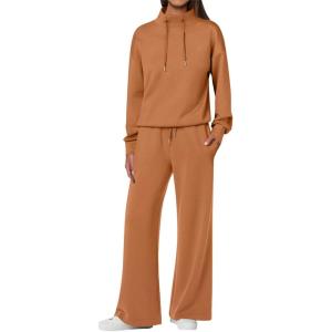 imageANRABESS Womens 2 Piece Outfits Sweatsuit Set 2025 Fall Drawstring Sweatshirt Wide Leg Sweatpant Lounge Set TracksuitCaramel