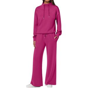 imageANRABESS Womens 2 Piece Outfits Sweatsuit Set 2025 Fall Drawstring Sweatshirt Wide Leg Sweatpant Lounge Set TracksuitHot Pink