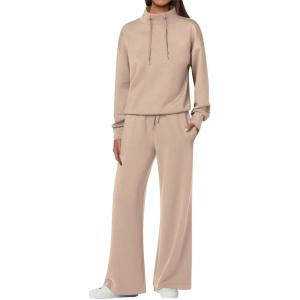 imageANRABESS Womens 2 Piece Outfits Sweatsuit Set 2025 Fall Drawstring Sweatshirt Wide Leg Sweatpant Lounge Set TracksuitKhaki