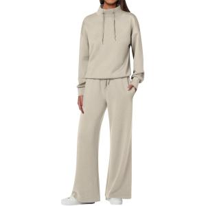 imageANRABESS Womens 2 Piece Outfits Sweatsuit Set 2025 Fall Drawstring Sweatshirt Wide Leg Sweatpant Lounge Set TracksuitLight Khaki